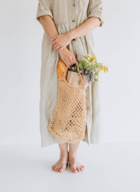 keten elbise çiçekler ipe çanta örgü paketi