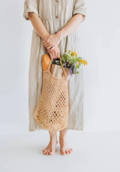 linen dress flowers string bag mesh package