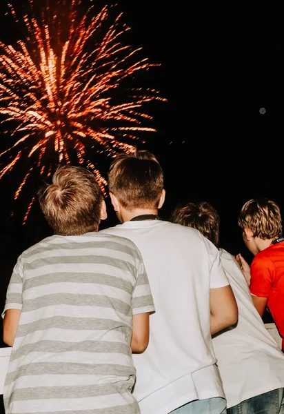 Enfants regarder feux d'artifice colorés garçons dos — Photo