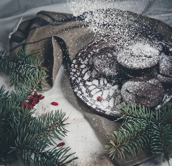 Muffin au chocolat saupoudré de sucre glace branches de conifères — Photo