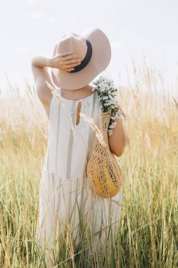 kadın doğal giysiler eko örgü dize çanta kır çiçekleri