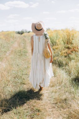 kadın doğal giysiler eko örgü dize çanta kır çiçekleri