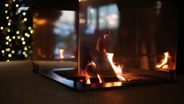 Chimney fire inside heating home coziness winter — Stock Video