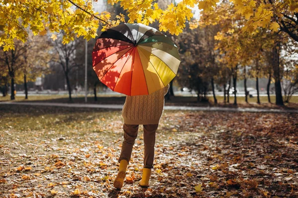 Outono amarelo folha queda conceitual menina parque — Fotografia de Stock