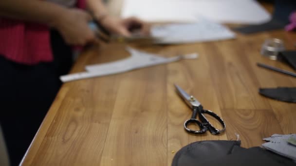 Seamstress Woman Cuts Blanks Patterns Curly Workshop — Stock Video