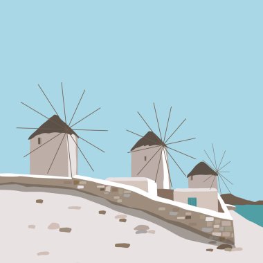 Yunanistan 'ın Mykonos adasında mavi gökyüzü arka planında yel değirmeni