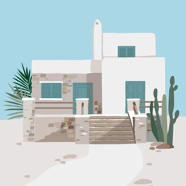 Casa Blanca Estilo Mediterráneo Sobre Fondo Azul Cielo — Vector de stock