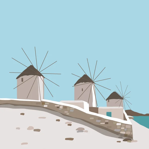 Windmill Blue Sky Background Mykonos Island Ταξίδια Ελλάδα — Διανυσματικό Αρχείο