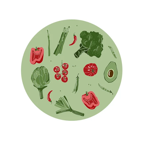Frisches Gemüse Auf Dem Grünen Hintergrund Tomaten Avocado Lauch Chili — Stockvektor