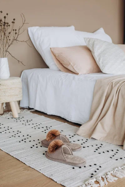 Schlafzimmer Innenarchitektur Hintergrund Textil Minimalistischen Stil Beige — Stockfoto