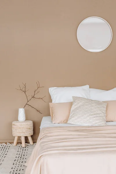 Schlafzimmer Innenarchitektur Hintergrund Textil Minimalistischen Stil Beige — Stockfoto