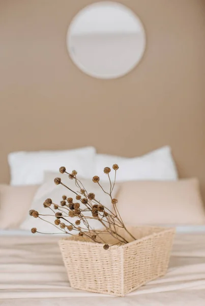 寝室のインテリアデザインの背景テキスタイルミニマリストスタイルベージュ — ストック写真