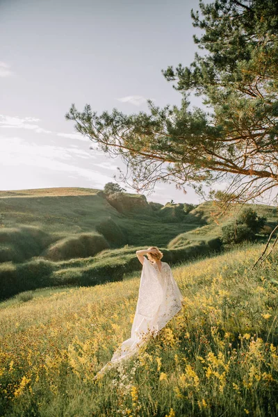 草原の外に羽を持つ白いドレスの女性は自由のために実行されますバックビュー — ストック写真