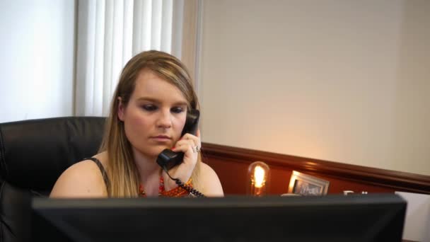 Female Corporate Worker Answers Phone She Busy Computer Work — Stock Video