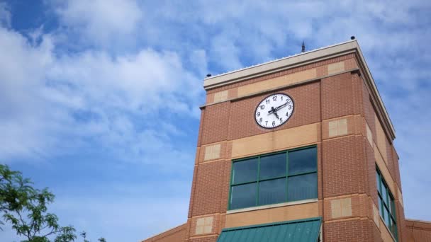 Time Lapse Clock Tower Modern Building Bright Afternoon — Stock Video