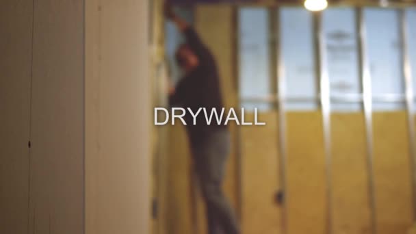 Desfocado Acabamento Empreiteiro Porão Texto Série Drywall — Vídeo de Stock