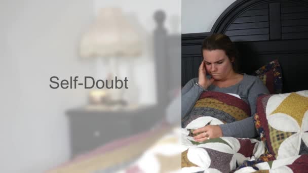 Worried Young Twenties Woman Bed Typography Self Doubt Version — Stock Video