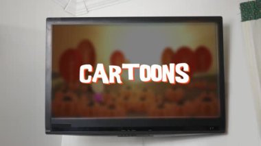 Bir Tv genel karikatür arka planda çalmaya ile bir çizgi film metni görüntüleme