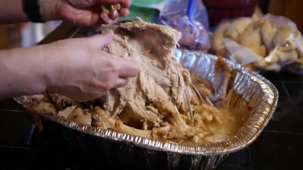 Quitando Los Fragmentos Carne Pavo Para Acción Gracias — Vídeos de Stock