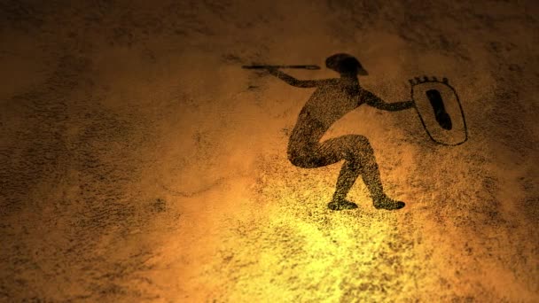 Single Cave Painting Warrior Dancing Fire Illumination Cavern Wall — Stock Video