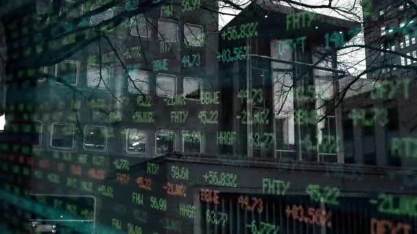 Stock Market Ticker Numbers Flowing Establishing Shot Financial Building — Stock Video