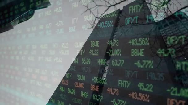 Stock Market Ticker Numbers Flowing Establishing Shot Financial Skyscraper — Stock Video