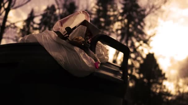 背景に通過する雲とゴミ箱のタイムラプス 夕暮れ背景 — ストック動画