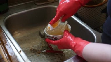 Lavaboda bir kase yıkamak için bir ovma fırçası kullanma 