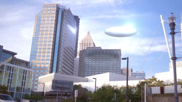 Ufo Appears City Skyscrapers — Stock Video