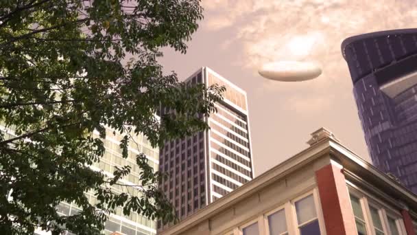 Ufo Appears City Skyscrapers — Stock Video