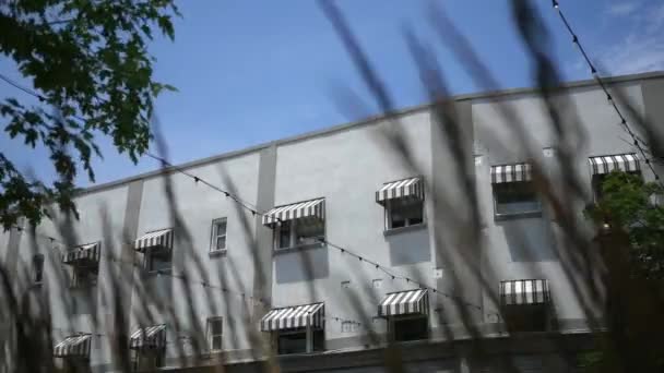 Cinematic Foreground Trawa Dmuchanie Przed Białym Murowany Budynek Apartamentowy — Wideo stockowe