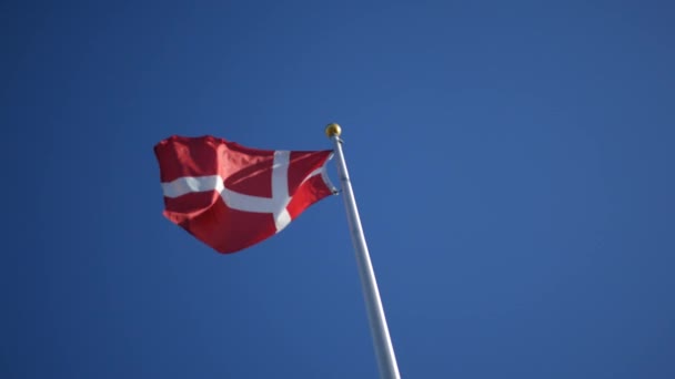 澄んだ青空の背景に吹くデンマークの旗 — ストック動画