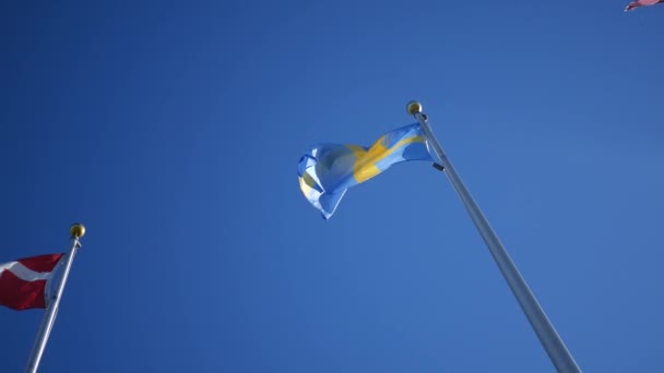 Шведский Флаг Развевается Голубом Фоне Неба — стоковое видео