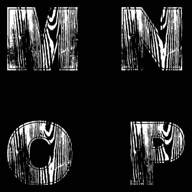 M, N, O, P, harfler beyaz siyah bir arka plan. Ahşap tasarım vektör çizim