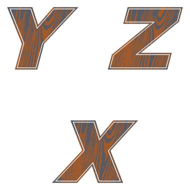 Y, Z, X, kahverengi renk mektupları. Eski ahşap vektör çizim tasarımı