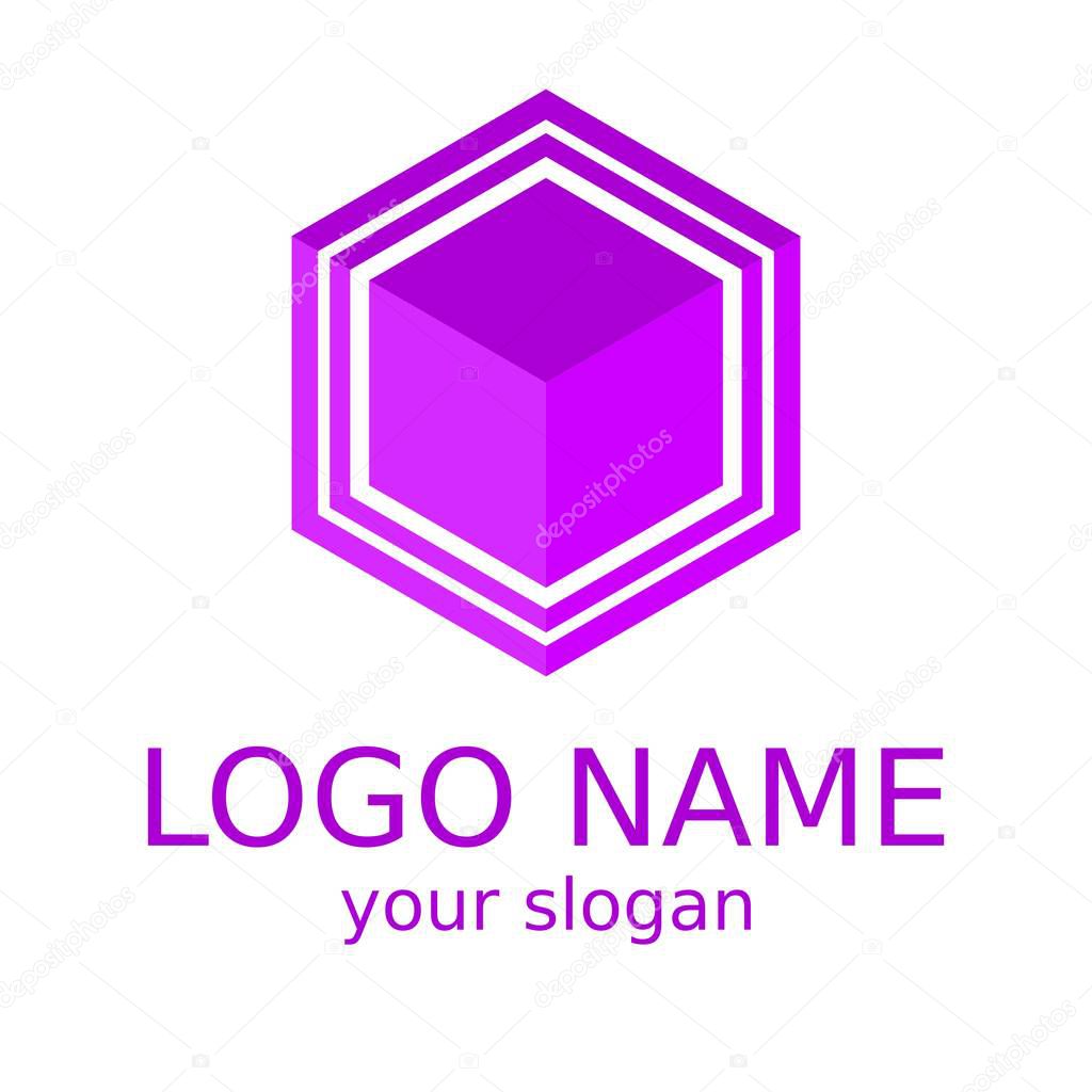 Cube. 3D logotype of violet color. Vector illustration