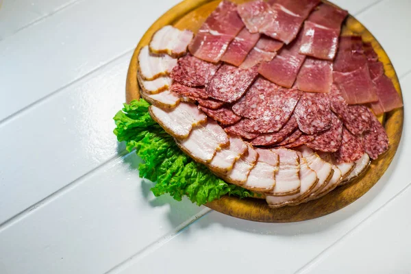 Meat plate set with salami, bacon, hamon — Stock Photo, Image