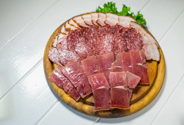 Meat plate set with salami, bacon, hamon — Stock Photo, Image