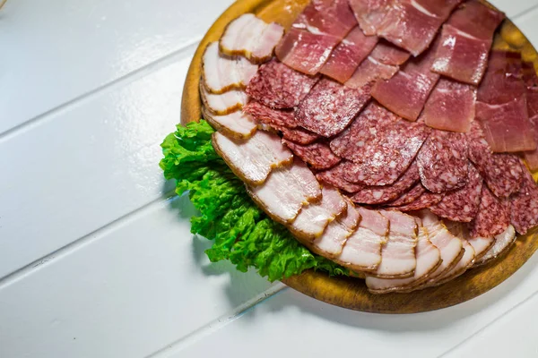 Meat plate set with salami, bacon, hamon — Stock Photo, Image