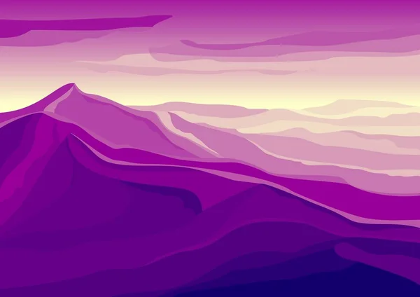 Leuchtend Violette Landschaft Mit Hohen Bergen Sonnenaufgang Sonnenuntergang Vektorpanorama Von — Stockvektor
