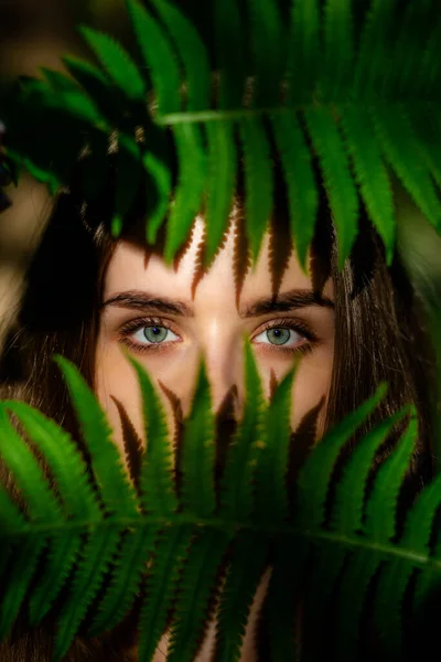 Krásné Zelené Oči Čerstvá Kapradí Úžasný Model Opravdová Krása Stock Fotografie