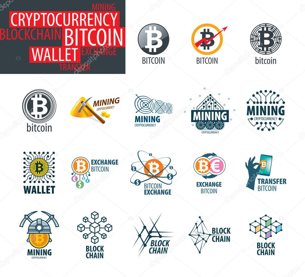 Vector icon set for cryptography. Digital currency