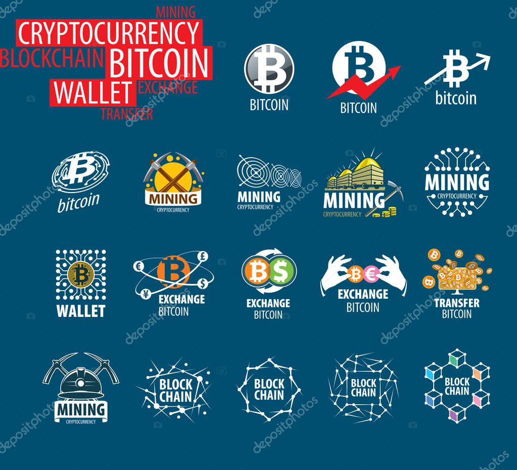 Vector icon set for cryptography. Digital currency