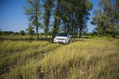 Car Land Range Rover yazın güneşli bir havada Rusya 'nın Samara bölgesinde yaz mevsiminde. 21 Ağustos 2018