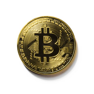 Beyaz arka planda Altın Bitcoin. Kripto para birimi.