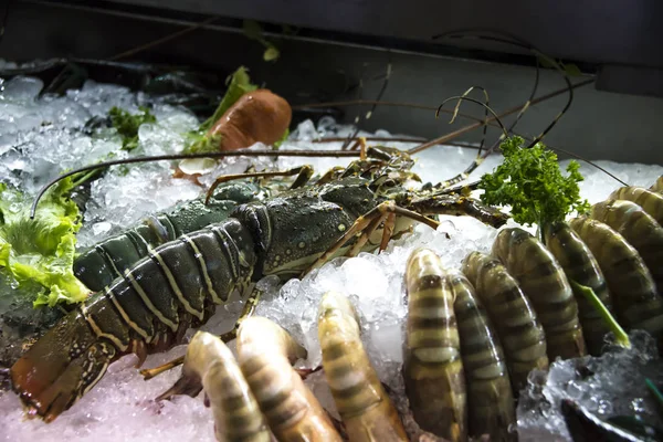 冰上躺着新鲜虾和龙虾 — 图库照片