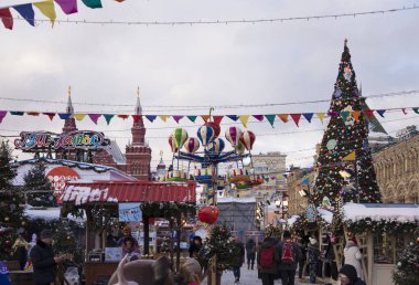 Christmas fair in Moscow on red square in Russia. Day 15 January 2019