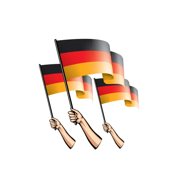 Bandera de Alemania y mano sobre fondo blanco. Ilustración vectorial — Vector de stock