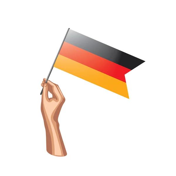 Bandera de Alemania y mano sobre fondo blanco. Ilustración vectorial — Vector de stock