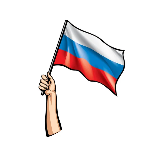 Bandera de Rusia y mano sobre fondo blanco. Ilustración vectorial — Vector de stock